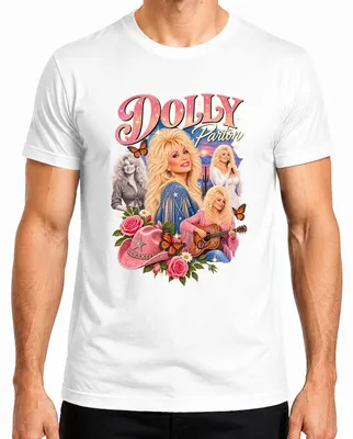 Immagine prodotto di T-shirt da uomo, colore bianco, taglia S, con stampa raffigurante Dolly Parton, cantante di musica country, in stile cowgirl, con una chitarra western, design retrò
