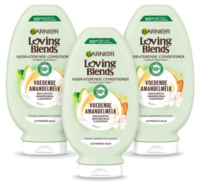 Imagen del producto de 3 unidades de acondicionador nutritivo de leche de almendras Garnier Loving Blends, 250 ml cada uno. Paquete económico