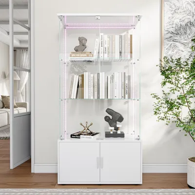 Immagine prodotto di Vetrina con 3 ripiani, spazio contenitivo e illuminazione a LED, design moderno bianco – Vetrina per soggiorno, camera da letto o ufficio