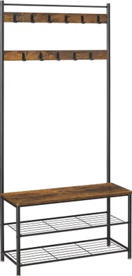 Produktbild von Garderobenständer mit 11 Gaderobenhaken und Schuhregal mit Sitzfläche, Flurgarderoben Set aus Vintage Holz und Metal im Industrial Design, Kleiderständer Maße B 85 xH 175 x T 32 cm