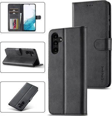A collage of images showing a black leather flip case for a Samsung Galaxy A34 5G phone, with different angles and views of its features.