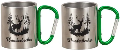 Produktbild von 2 Stück Outdoorbecher mit Karabiner grün Metall 200ml Wanderbecher Tasse Camping