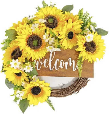 Produktbild von Sonnenblumenkranz + „Willkommen“ – für drinnen und draußen, Frühling/Hochzeit, künstliche Sonnenblumen