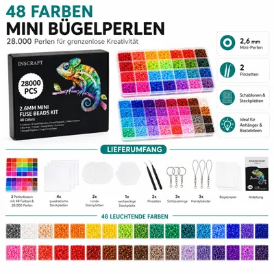 Produktbild von INSCRAFT Bügelperlen Set Bastelbedarf 28000 Mini 48 Farben Kreativ, KI-generiertes Bild