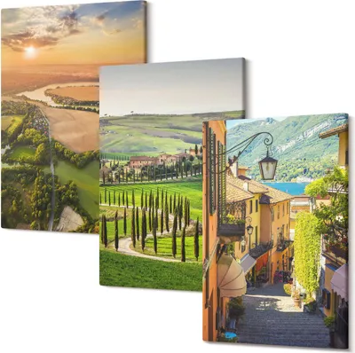 Produktbild von Leinwandbild – Wandbild – Leinwandbilder – Kunstdruck – Polycanvas – Modern – Mehrteilig – 3-Teilig Set – Hochwertig – Geruchslos – Lichtecht – Fertig Aufgespannt – 40x60 Cm Je Teil - Italienische Landschaften mit Fluss, Hügeln und einer Stadtstraße