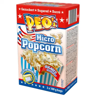 Produktbild von PEO's Mikrowelle Popcorn Gezuckert 1 Schachteln mit 3 x 100g Beutel