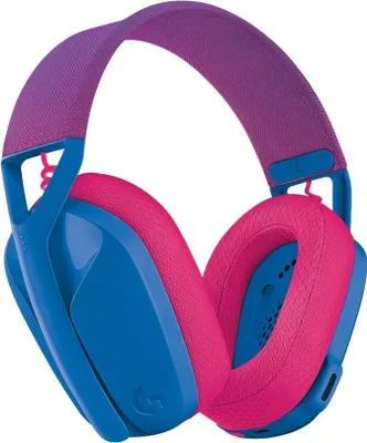 A pair of blue, pink, and purple headphones.