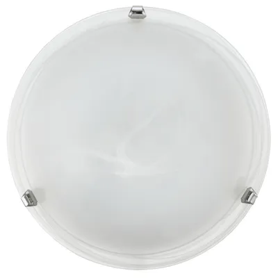 A close-up, top-down view of a white ceiling light fixture with a frosted glass shade and chrome accents.