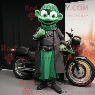 Productafbeelding van Groene REDBROKOLY tovenaar mascottekostuum gekleed met een motorjack en draagtassen