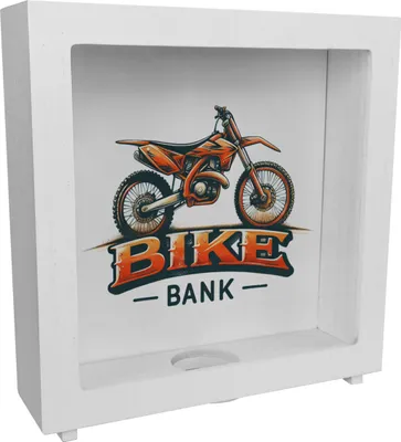 Produktbild von Motocross-Motorrad Rahmen Spardose aus Holz mit Spruch Bike Bank