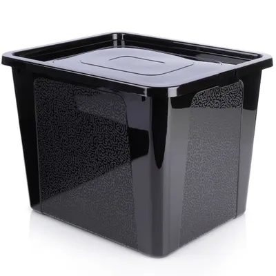 A black storage container with a lid, shown from a front-facing angle on a white background.