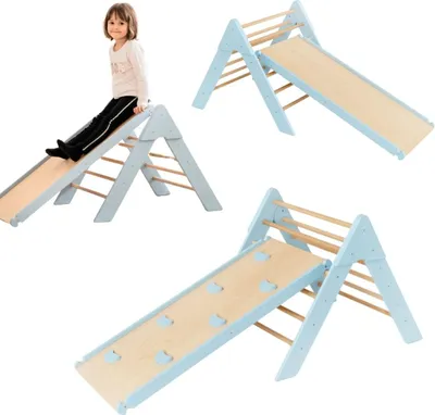Produktbild von Spielplatz indoor Moon, Kletterdreieck, Klettergerüst aus Holz für Kinder Sprossendreieck, Kinderrutsche | Hellblau