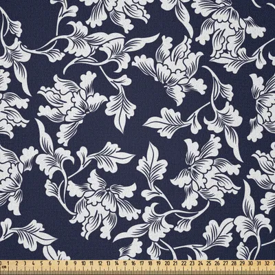 Produktbild von ABAKUHAUS Navy blau Microfaser Stoff als Meterware , Floral Arrangement botanische Laub Muster japanische Zusammensetzung östlichen, 10 M (230 x 1000 cm), Dunkelblau Weiß