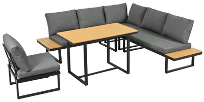 Immagine prodotto di Set da pranzo da giardino, set di mobili da giardino, disposizione ad angolo, con funzione di inclinazione regolabile (5 livelli, fino a 55°), tubi in acciaio zincato, piano del tavolo in finto legno, con tavolo da pranzo
