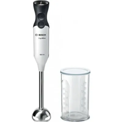 A white hand blender and a clear measuring cup are shown against a white background.
