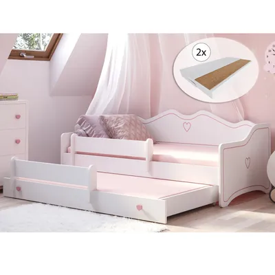 Produktbild von Mädchenbett 80x160 mit Ausziehbett & zwei Matratzen Kinderbett Jugendbett Funktionsbett 160x80 mit Rausfallschutz | Prinzessin Sofa umbaubar weiß rosa