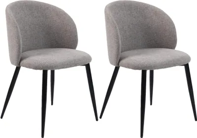 Two gray upholstered chairs with black metal legs are shown against a white background.