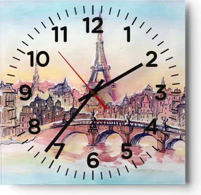 Produktbild von Wanduhr - Quadrat - Glasuhr - Brücke Eiffle Illustration Frankreich - 40x40cm - Schleichendes Uhrwerk - Lautlos - zum Aufhängen bereit - Dekoration Modern - Wanddekoration aus Glas - C4AC40x40-2999