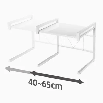 Image de Étagère extensible pour micro-ondes Rack pour four à micro-ondes 2 niveaux Support pour micro-ondes Organisateur Étagères de cuisine avec 3 crochets Blanc