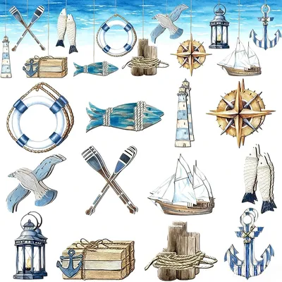 Productafbeelding van Maritiem decoratieset - 24-delige houten hangdecoratie voor binnen en buiten