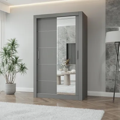 Image de Armoire à portes coulissantes LION, chambre à coucher, armoire 120 cm gris/gris avec miroir, poignées en PVC couleur aluminium