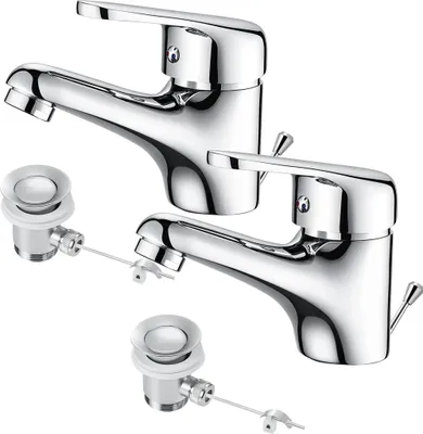Produktbild von 2PCS Auralum Wasserhahn Bad mit Zugstange, Einhebel-Waschtischarmatur mit Ablaufgarnitur, Waschbecken Armatur Badarmatur Einhandmischer Waschtischmischer für Badezimmer, Chrom