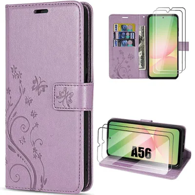 Image de Coque + 2 Verres Trempés pour Samsung Galaxy A56 5G, Antichoc Cuir Synthétique Motif Relief Floral Papillon - Violet