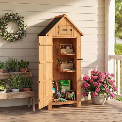 Imagen del producto de Caja para dispositivos, de madera, con protección UV, techo a dos aguas, dimensiones: 77 x 54,3 x 179 cm