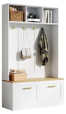 Produktbild von Wandgarderobe Set mit Sitzbank und 2 Türen, Flurgarderobe mit 3 offenen Ablagefächern und 4 Haken, 105×40×180cm, Weiß