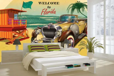Produktbild von Vlies Fototapete FLORIDA RETRO PLAKAT 375 x 250 cm (inkl. Kleister) - Vlies Tapete, Wandtapete, Wandbilder - Tapete für Wohnzimmer Schlafzimmer, Büro, Küche - Montagefertig