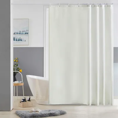 Produktbild von Beige Duschvorhang 180x180 cm, aus Polyestergewebe, schimmelresistent, wasserabweisend, waschbar, textiler Badezimmervorhang für Badewanne, beige mit 12 Duschvorhangringen.