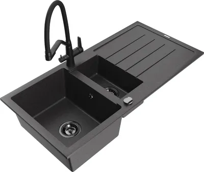 Produktbild von Mexen Andres 1,5-Becken-Granitspüle mit Abtropffläche und Mischbatterie Duo, Schwarz gesprenkelt - 6515-76-671701-70-B