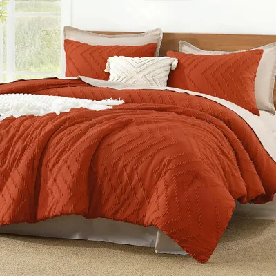 Produktbild von Bettwäsche, Größe Queen, Orange (kräftiges Orange), Bettdecken-Set, Herbst, Boho-Stil, Terrakotta, leicht, flauschig, 3-teiliges Set, Daunenalternative, Bettdecken-Set