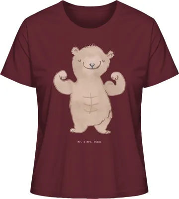 Produktbild von Mr. & Mrs. Panda Damen Kurzarmshirt Bär Bodybuilding Größe XL - Burgundy - Geschenk, Basic T-Shirt, Sport, Shirt, Körpergestaltung, Muskelmasse, für Frauen, Kurzarm