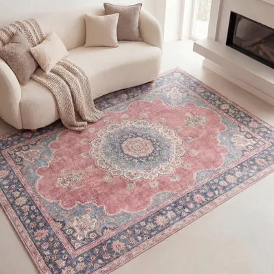 Produktbild von Volero - Teppich Vintage - Lily Medaillon Rot Rosa - 80x150 cm - Wohnzimmer, Esszimmer, Schlafzimmer - Klassik