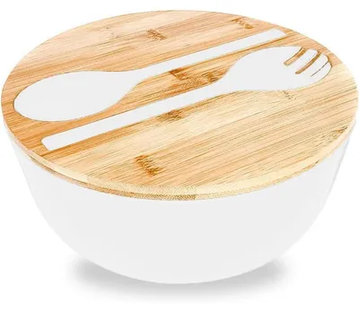 Productafbeelding van Saladeschaal met serveerbestek, snijplank en deksel, wit