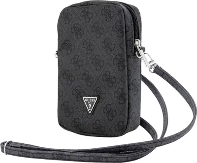 A black Guess phone bag with a repeating 4G logo pattern and a triangular Guess logo emblem.