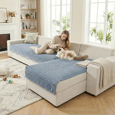 Produktbild von L Form Sofa Überzug,2 Stück Kordherz rutschfeste Sofakissen Hund Katze Sofaschoner Sofabezug Überzug Für L Form Eckcouch Waschbar Sofabezug,Hellblau,S-90*160+90*180cm