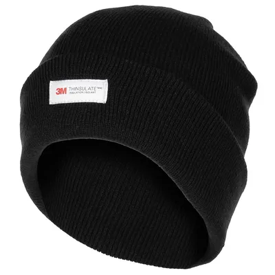 A black knitted beanie with a white label on the front.