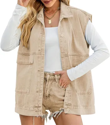 Produktbild von ASKSA Damen Jeansweste aermellos Laessige Locker Elegante Jeansjacke Jacke Mantel mit Taschen, A Khaki, S