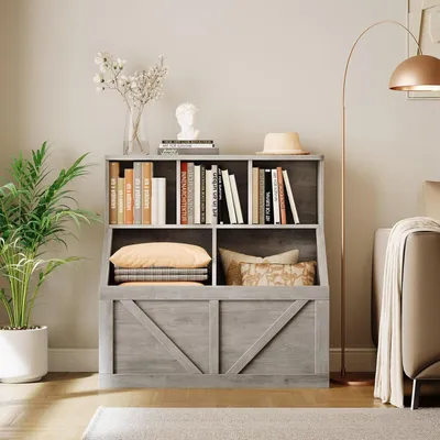 Image de Bibliothèque pour enfants Étagère pour enfants avec 3 étagères Étagère de jouets Armoire en bois pour chambre d'enfant - Pour ranger les jouets, les peluches Gris