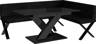 Produktbild von MEBLINI Eckbank für Esszimmer mit ausziehbarem Tisch  - Küchenbank - Essecke - Sitzecke Küche - PETER - X-Beine 142x196x87cm Rechts - Schwarz Samt/B Schwarz Hochgl.