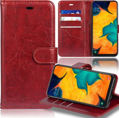 A red wallet-style phone case with a Samsung Galaxy A30 phone inside, showing the phone's screen and the case's card slots.