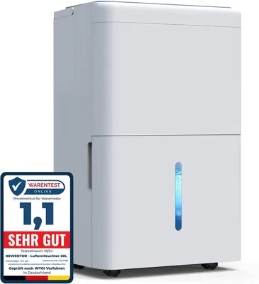 Produktbild von 20-Liter-Luftentfeuchter, elektrisch, für Keller, 39 dB, Entfeuchter, elektrisch, für Keller, mit Abluftschlauch (1,5 m), Raumentfeuchter, elektrisch, für Räume bis 50 m² / 150 m³