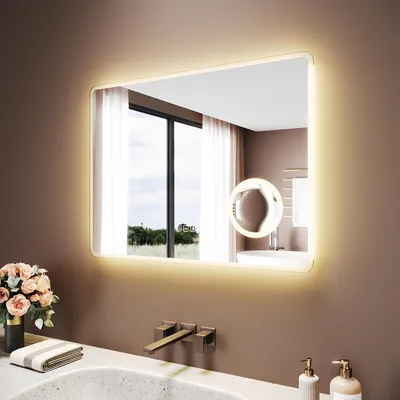 Productafbeelding van SONNI Witte, vierkante spiegel voor de badkamer, 80 x 60 x 3,5 cm. Drie kleurtemperaturen, vergrootspiegel, anti-condensfunctie en met stopcontact