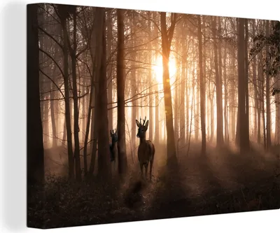 Produktbild von OneMillionCanvasses® - Leinwandbilder - 140x90 cm, Wald - Hirsche - Sonne - Bäume - Winter - Natur - Tiere, Wandbilder Kunstdruck Wanddekoration - Foto auf Leinwand - Gemälde auf