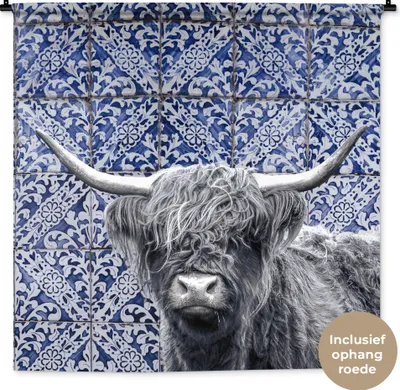Produktbild von MuchoWow® Wandteppich Wandbehang Schottisches Hochlandrind - Delfter Blau - Schwarz - Weiß 150x150 cm Tapisserie Dekoration Wandtuch - Wohnaccessoires - Modernes
