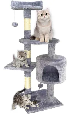 Immagine prodotto di Unyqoos® Albero per gatti, 115 cm, grigio chiaro – con cuccia, palline da gioco e rivestimento in peluche morbido, colonna rinforzata per un luogo di gioco e riposo sicuro