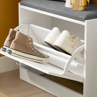 Produktbild von SoBuy FSR16-K-W Schuhschrank Schuhbank mit Sitzkissen Schuhregal Schuhkipper mit 1 Klappe Sitzbank BHT ca.: 60x47x24cm