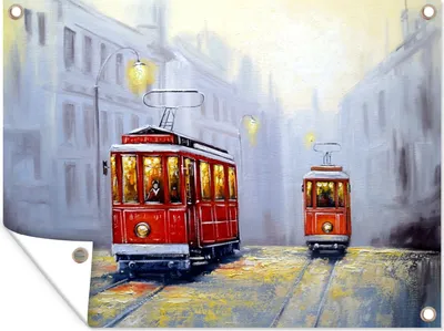 Produktbild von MuchoWow® 80x60 cm Outdoor-Poster Gartendeko Sichtschutz Garten Poster für den Garten  Gemälde - Straßenbahn - Stadt - Öl